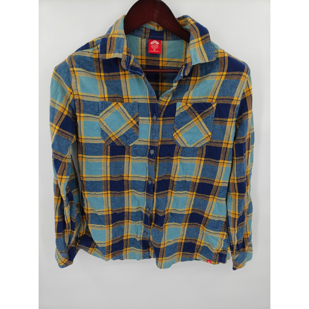 Eastern Mountain Sports EMS Womens M Blue Yellow Plaid Cotton Flannel Shirt